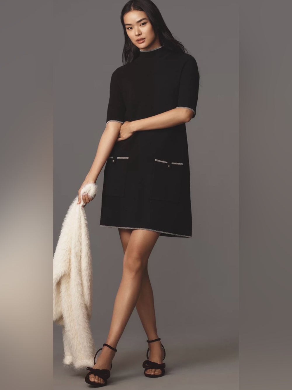 Anthropologie Maeve The Annalise Mock-Neck Mini Sweater Dress Black MP